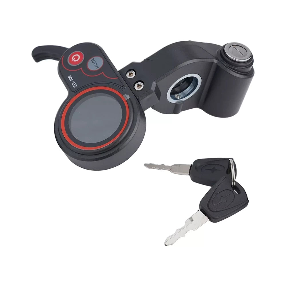 ZQ-100 Throttle Display with lock key and keys placed nearby (angled view)