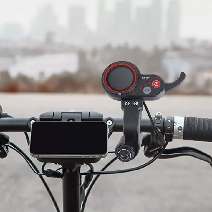 ZQ-100 Throttle Display with lock key mounted on electric scooter, fully installed view
