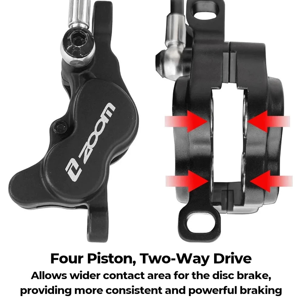 Zoom 4-piston hydraulic calliper showing wide two-way piston drive for consistent braking