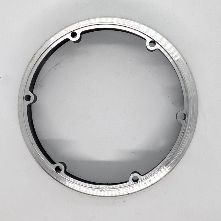 Rear flat view of genuine replacement motor hub ring for Bexly Raven (M9). Precision machined alloy with 6 mounting holes.