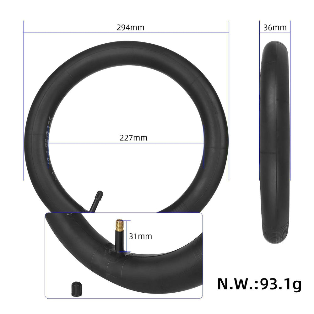 Black Cat 12x1.75–2.125 inner tube dimensions showing 31mm straight Schrader valve and overall size.