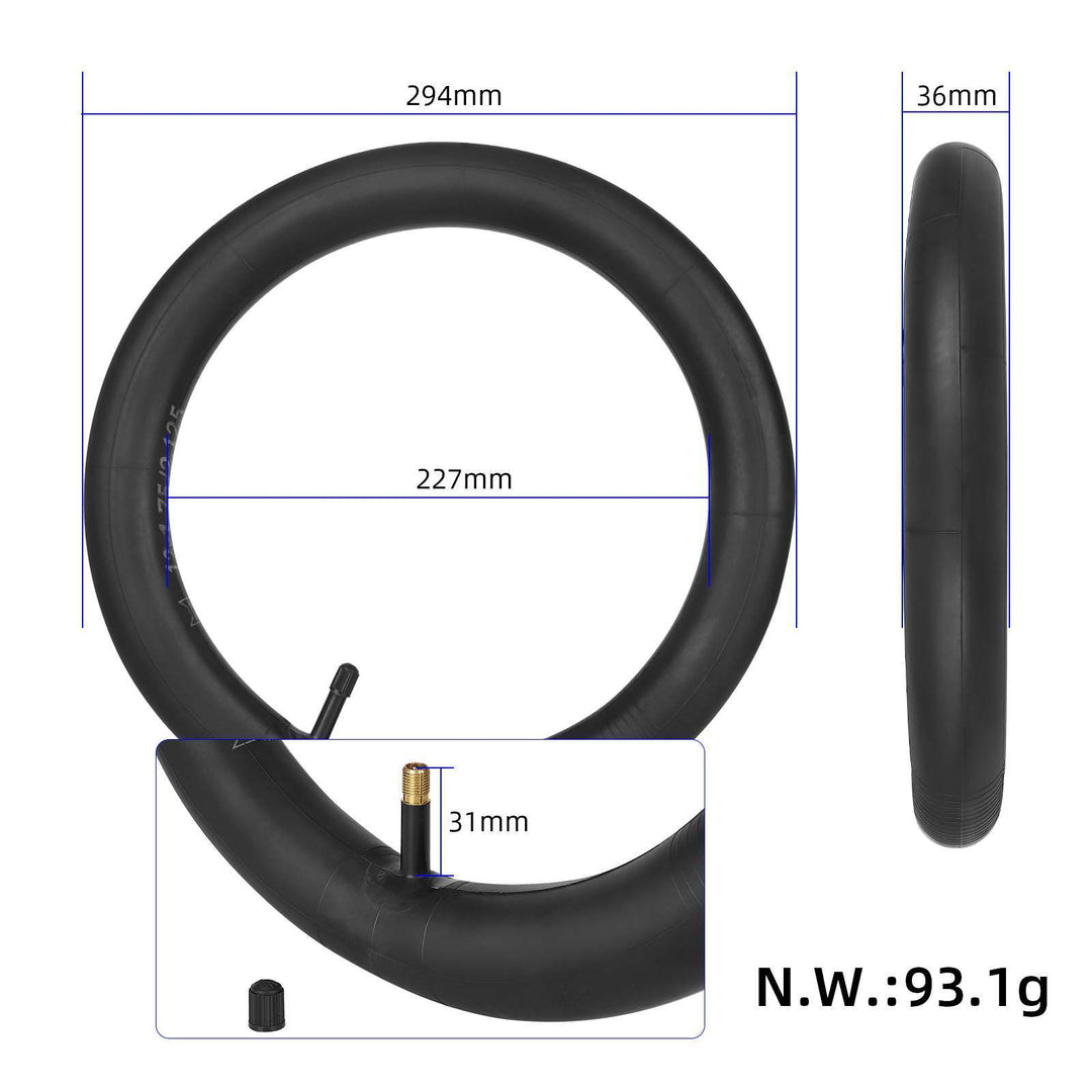 Black Cat 12x1.75–2.125 inner tube dimensions showing 31mm straight Schrader valve and overall size.