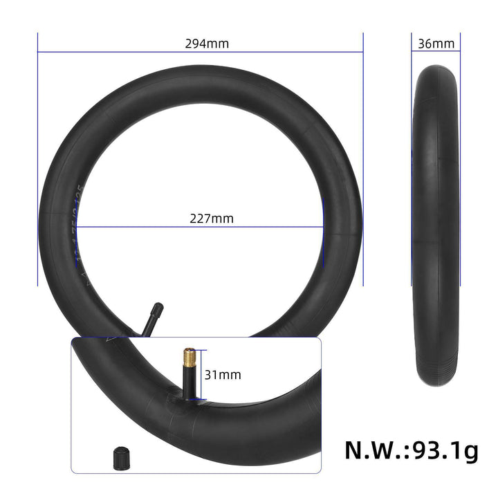Black Cat 12x1.75–2.125 inner tube dimensions showing 31mm straight Schrader valve and overall size.