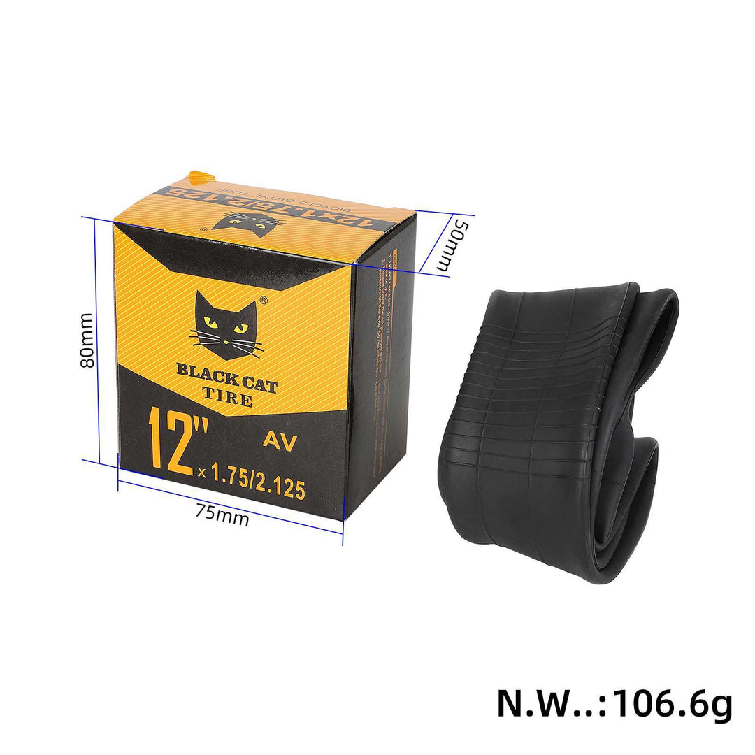 Black Cat 12x1.75–2.125 inner tube retail packaging with folded butyl tube.