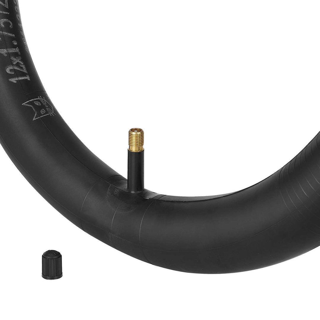 Close-up of Black Cat 12x1.75–2.125 straight Schrader valve with valve cap.