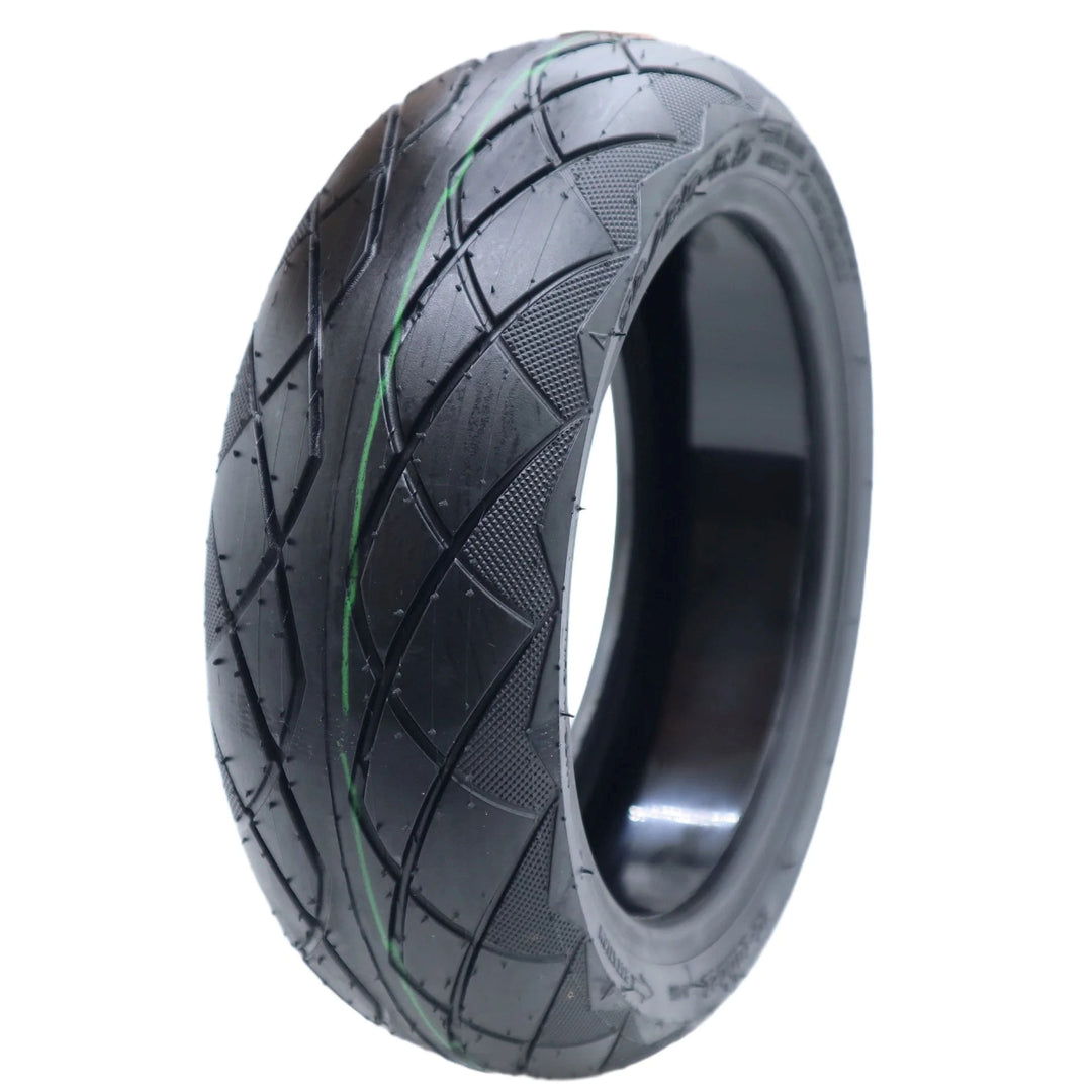 Angled view of Chaoyang 70/65-6.5 D-76-A self-healing tubeless scooter tyre showing grooved road tread and textured shoulders