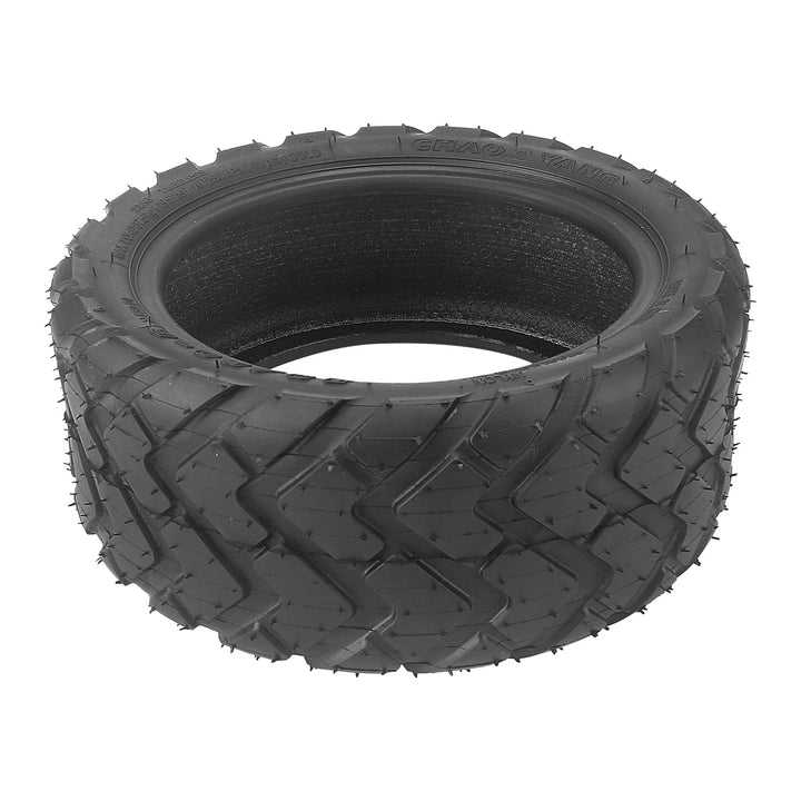 Chaoyang 80/60-6 heavy duty tubeless scooter tyre lying flat, providing view of tread and interior.