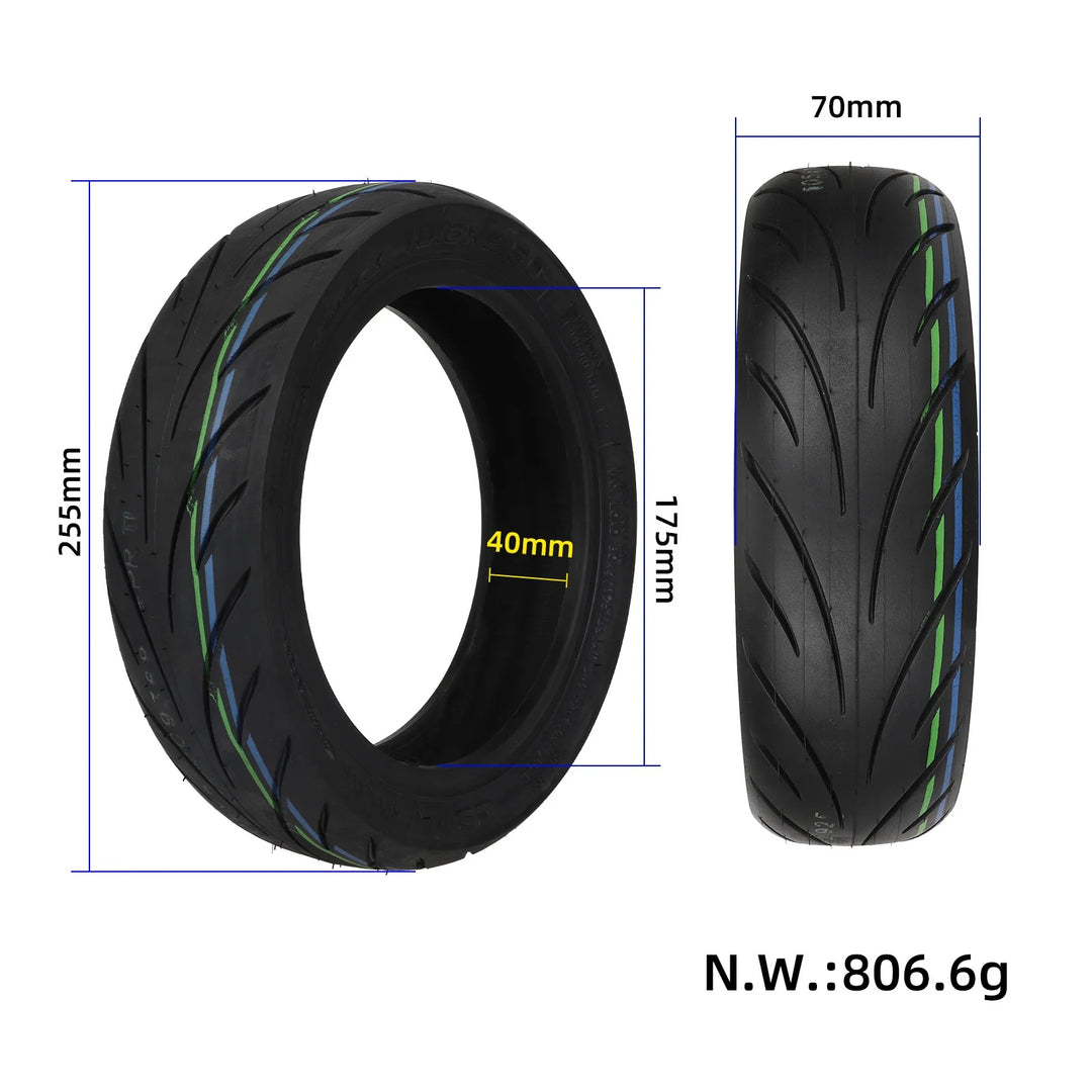 Dimensions of the CST 10.5x2.50 tubeless tyre, with an outer width of 70mm, and inside width of 40mm at the hub, outer diameter of 255mm and inner diameter of 175mm