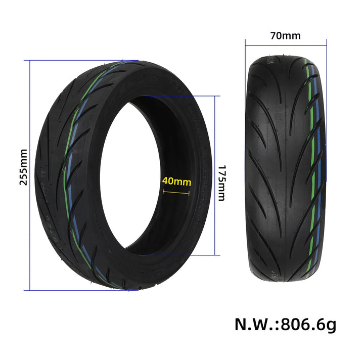 Dimensions of the CST 10.5x2.50 tubeless tyre, with an outer width of 70mm, and inside width of 40mm at the hub, outer diameter of 255mm and inner diameter of 175mm