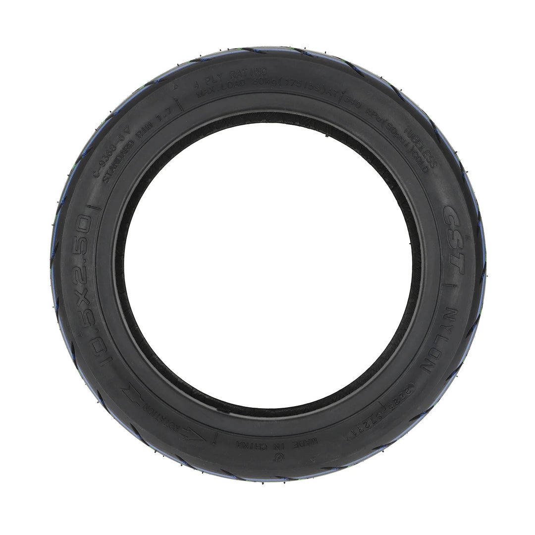 Side profile view of the CST 10.5x2.50 tubeless road tyre, showing size markings and directional arrow for correct fitment.