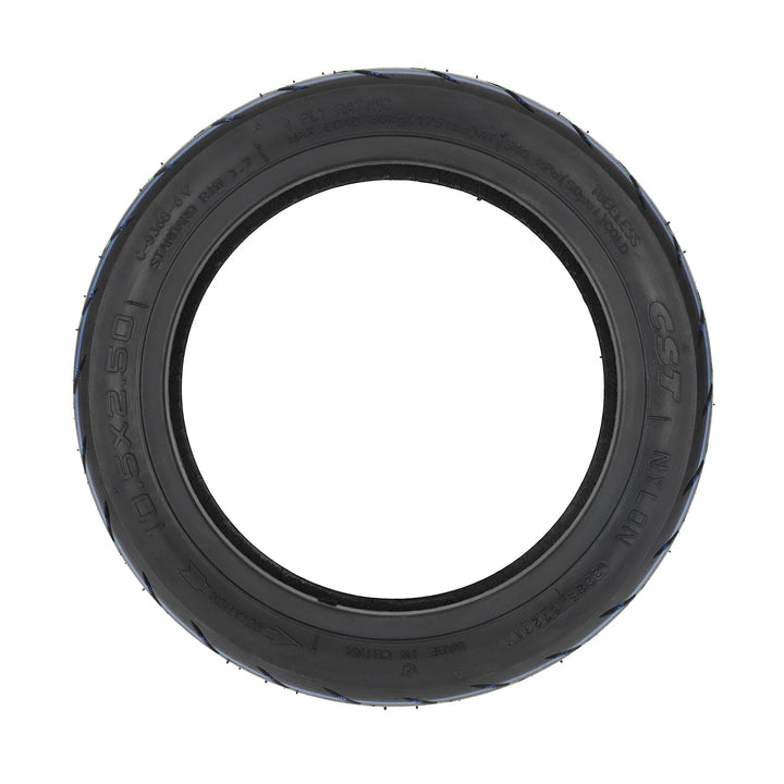 Side profile view of the CST 10.5x2.50 tubeless road tyre, showing size markings and directional arrow for correct fitment.