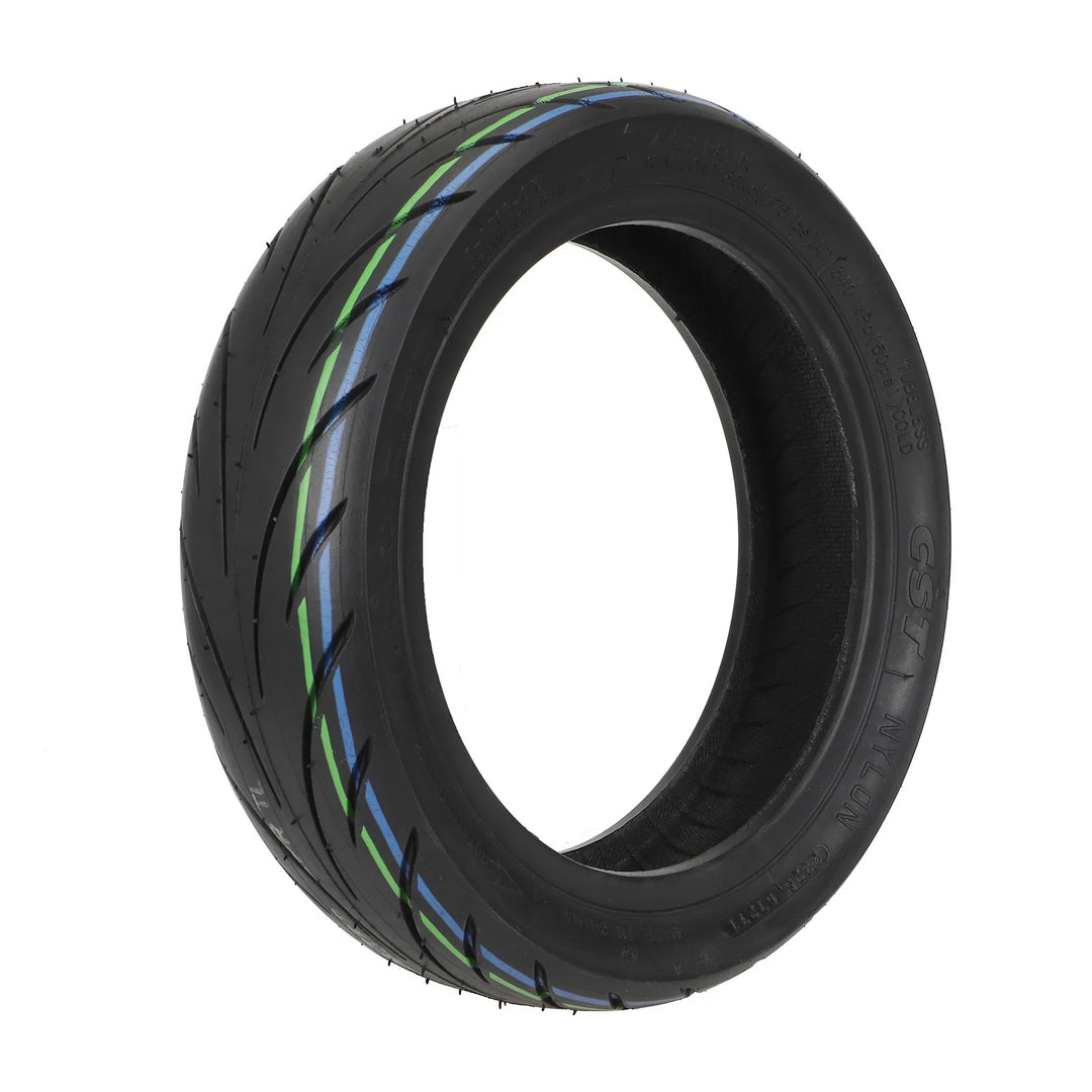 Angled view of the CST 10.5x2.50 tubeless road tyre for electric scooters.