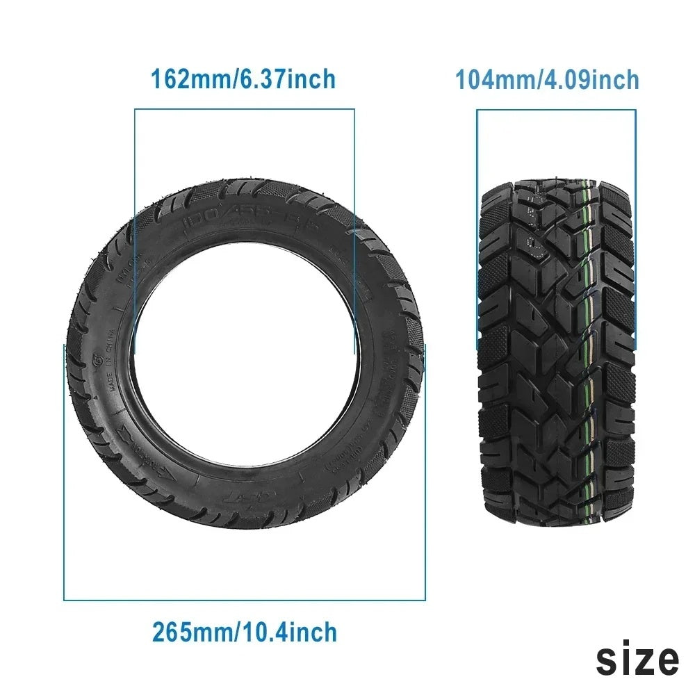Dimensions of CST 100/55-6.5 tubeless off-road tyre showing 265mm diameter, 162mm internal diameter and 104mm width