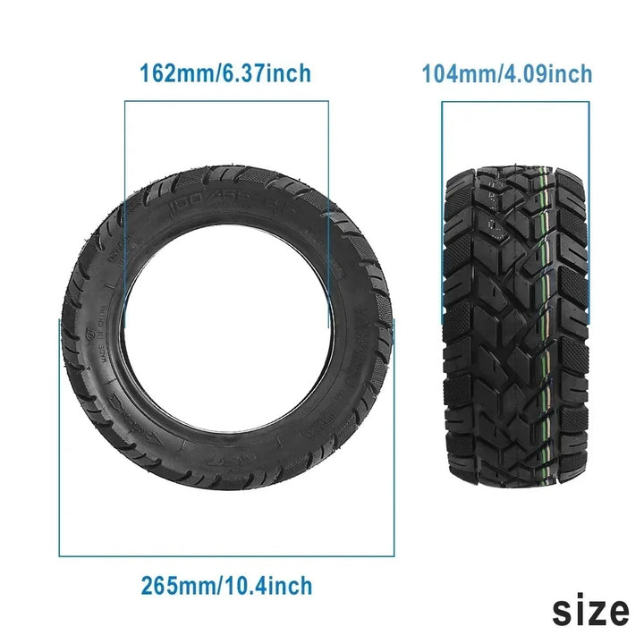 Dimensions of CST 100/55-6.5 tubeless off-road tyre showing 265mm diameter, 162mm internal diameter and 104mm width