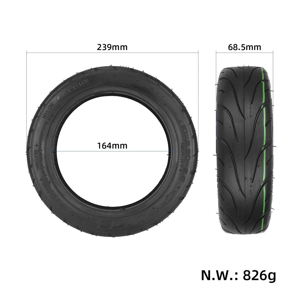 CST 10x2.50-6.5 DuraGel tubeless tyre showing dimensions and tread width.