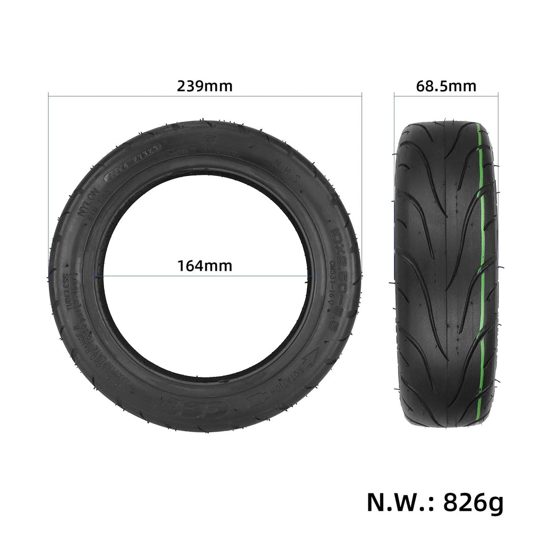 CST 10x2.50-6.5 DuraGel tubeless tyre showing dimensions and tread width.
