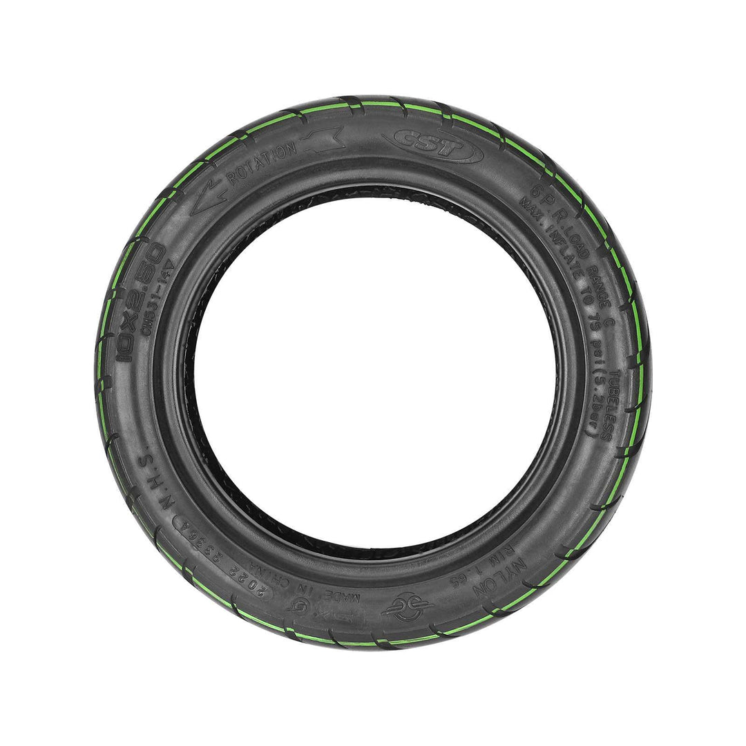 Side profile view of the CST 10x2.50 Tubeless Tyre, showing sidewall markings including directional arrow for correct installation