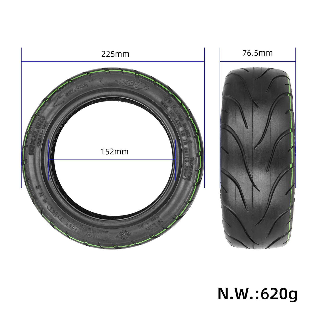 CST 10.5x2.50 tubeless tyre dimensions showing 225mm outer diameter, 152mm inner diameter and 76.5mm tyre width