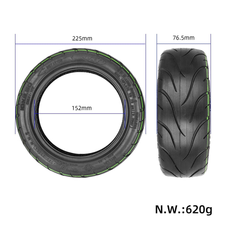 CST 10.5x2.50 tubeless tyre dimensions showing 225mm outer diameter, 152mm inner diameter and 76.5mm tyre width