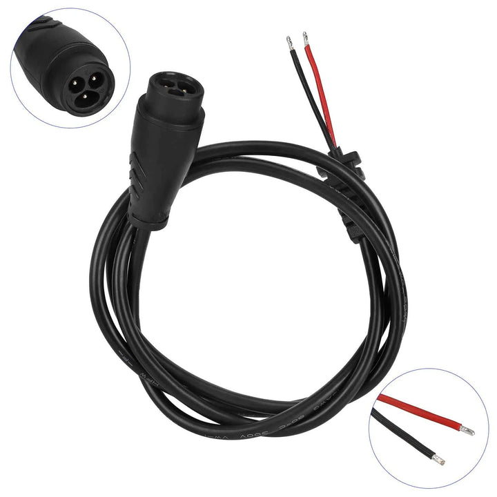 Replacement LP16-3P power adapter cable with moulded charging connector, with inset pictures of stripped wire ends and LP16-3 Pin Plug, for electric scooter charger repair.