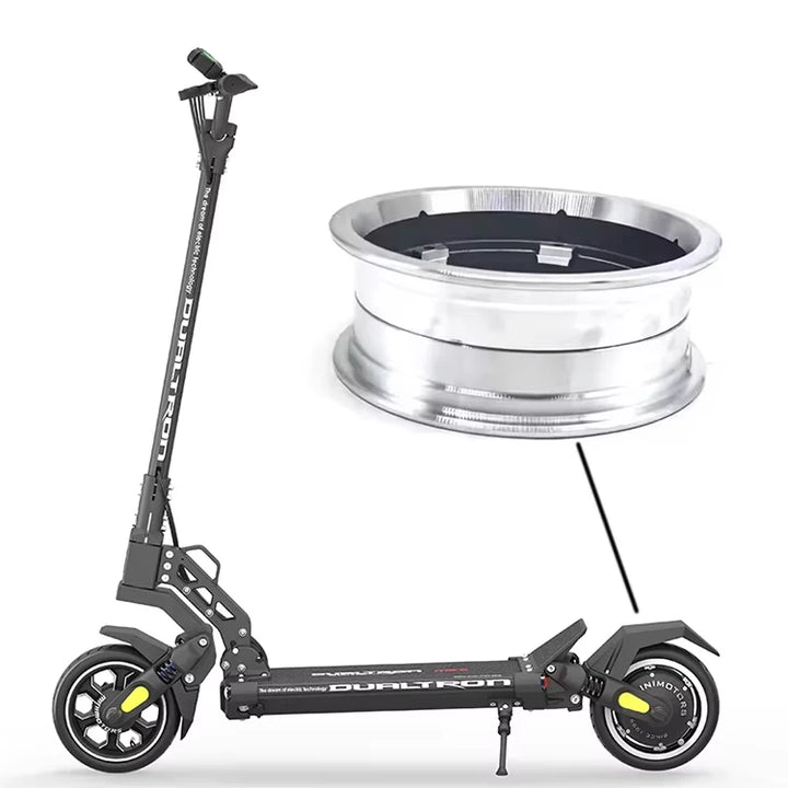 Dualtron Mini electric scooter with rear motor hub rim highlighted – genuine aluminium replacement wheel hub rim kit for Dualtron Mini rear motor