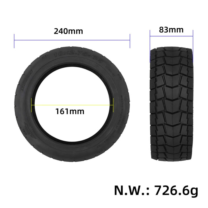 dimensions of 10x2.75-6.5 scooter tyre showing width 83mm, outer diameter 240mm and inner diameter 161mm