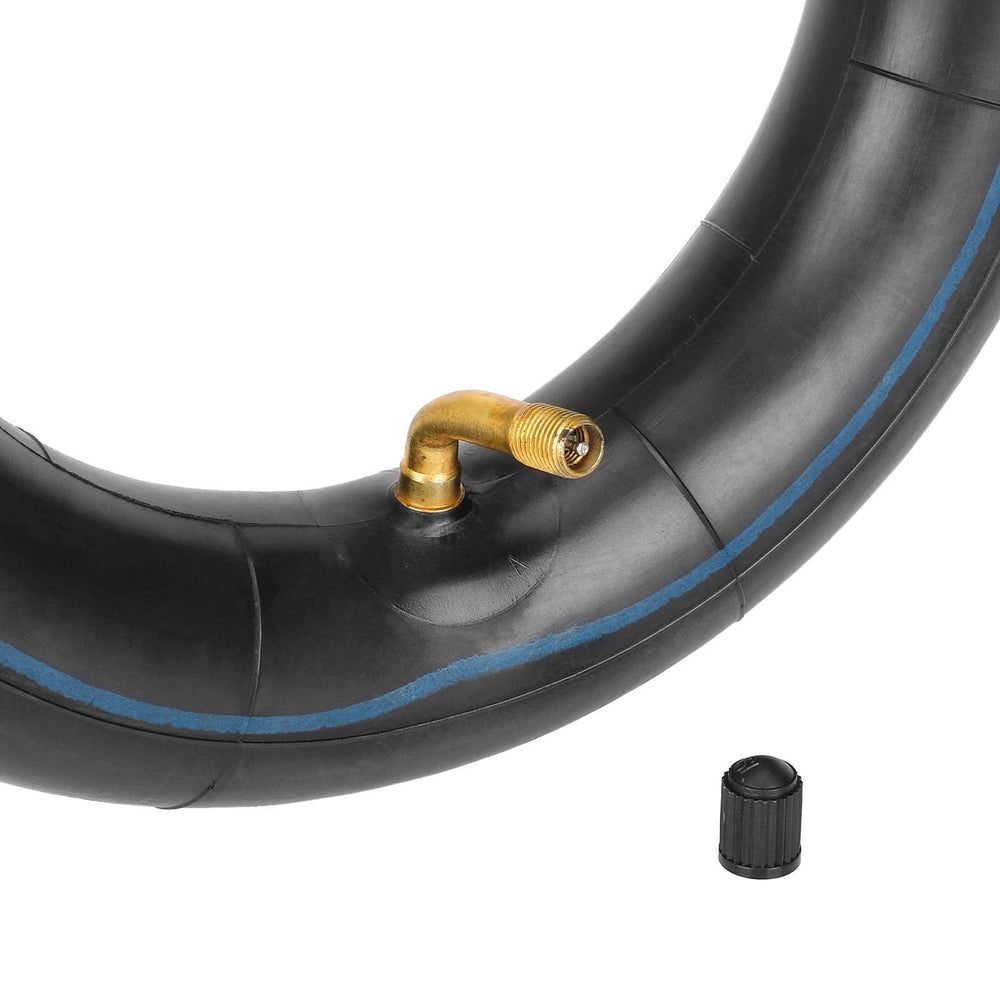 close up 90 degree bent Schrader valve on 8.5x3.0 inner tube EcoMotion
