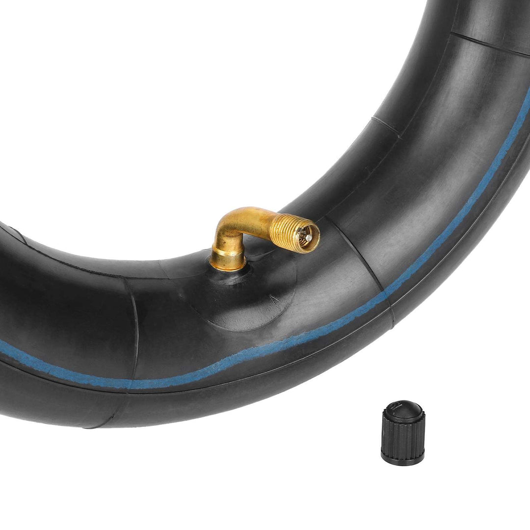 close up 90 degree bent Schrader valve on 8.5x3.0 inner tube EcoMotion