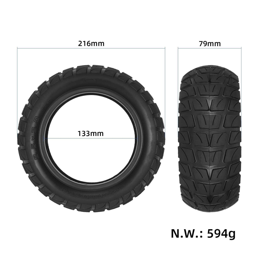 Dimensions of the 8.5x3.0 tubeless off-road tyre for electric scooters, with an outer diameter of 216mm, an inner diameter of 133mm and a width of 79mm.