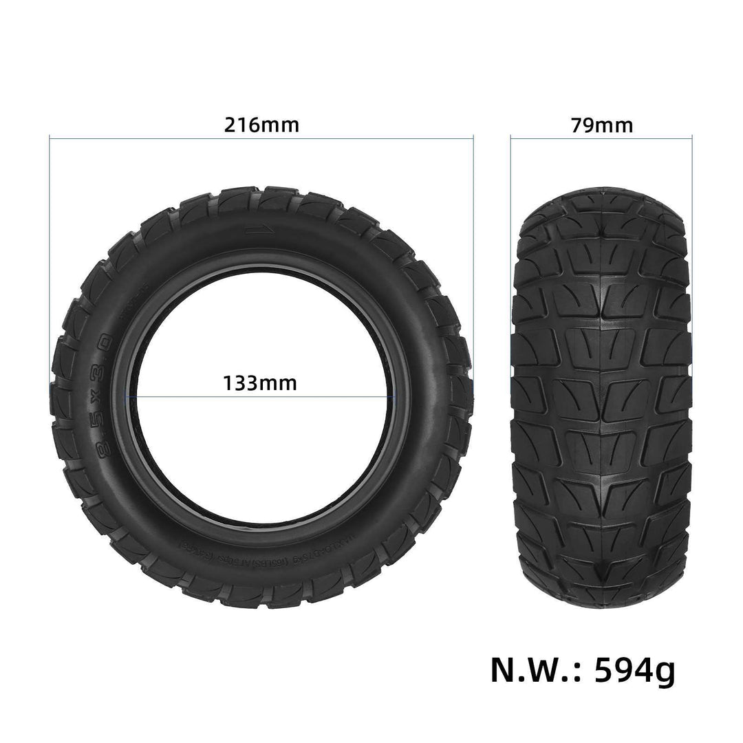 Dimensions of the 8.5x3.0 tubeless off-road tyre for electric scooters, with an outer diameter of 216mm, an inner diameter of 133mm and a width of 79mm.