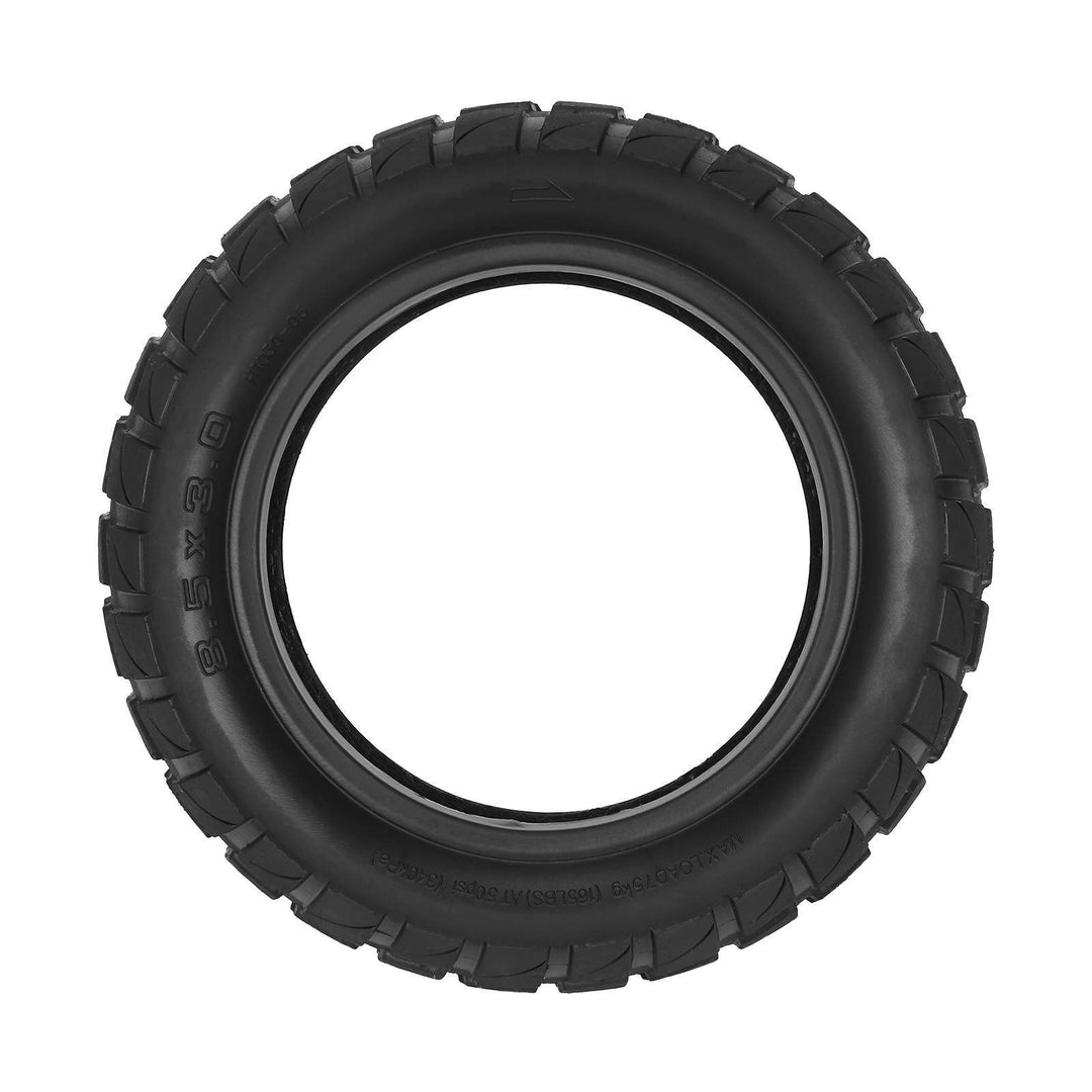 Side profile view of 8.5x3.0 tubeless electric scooter tyre showing aggressive off-road tread pattern and tyre wall markings.