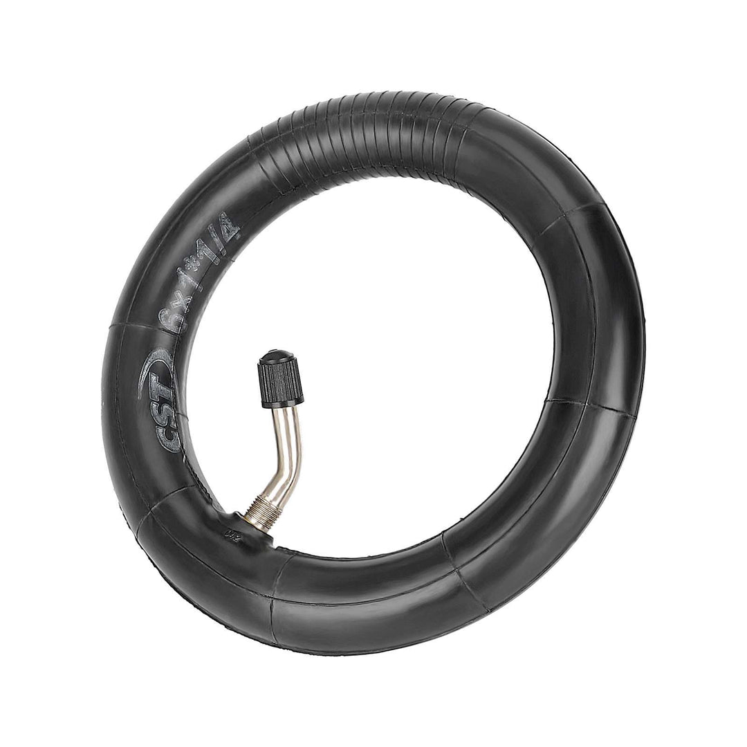 Angle view of CST 6x1.25 tube with bent valve laid flat showing shape and size EcoMotion