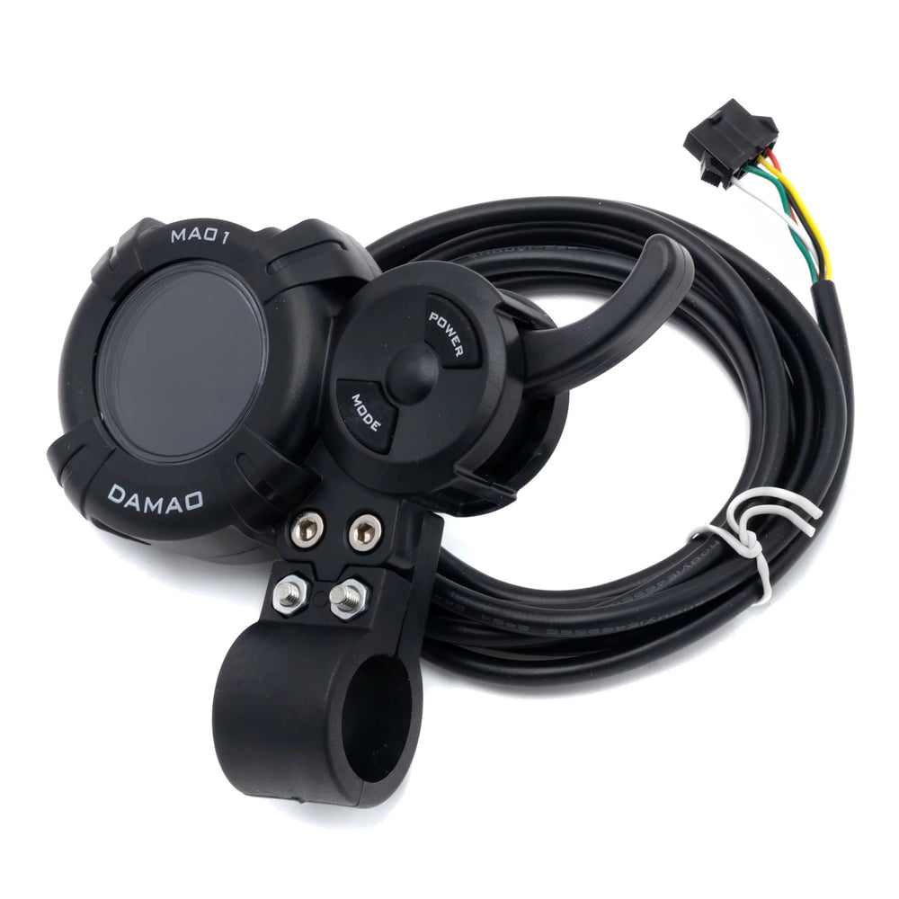 angled view Damao MA01 electric scooter LCD display throttle with trigger and wiring harness