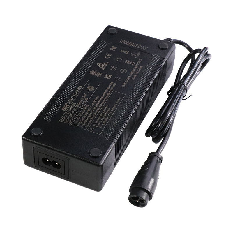 Angled view 58.1V 2A charger for Dualtron Mini with Australian plug and Baming connector EcoMotion
