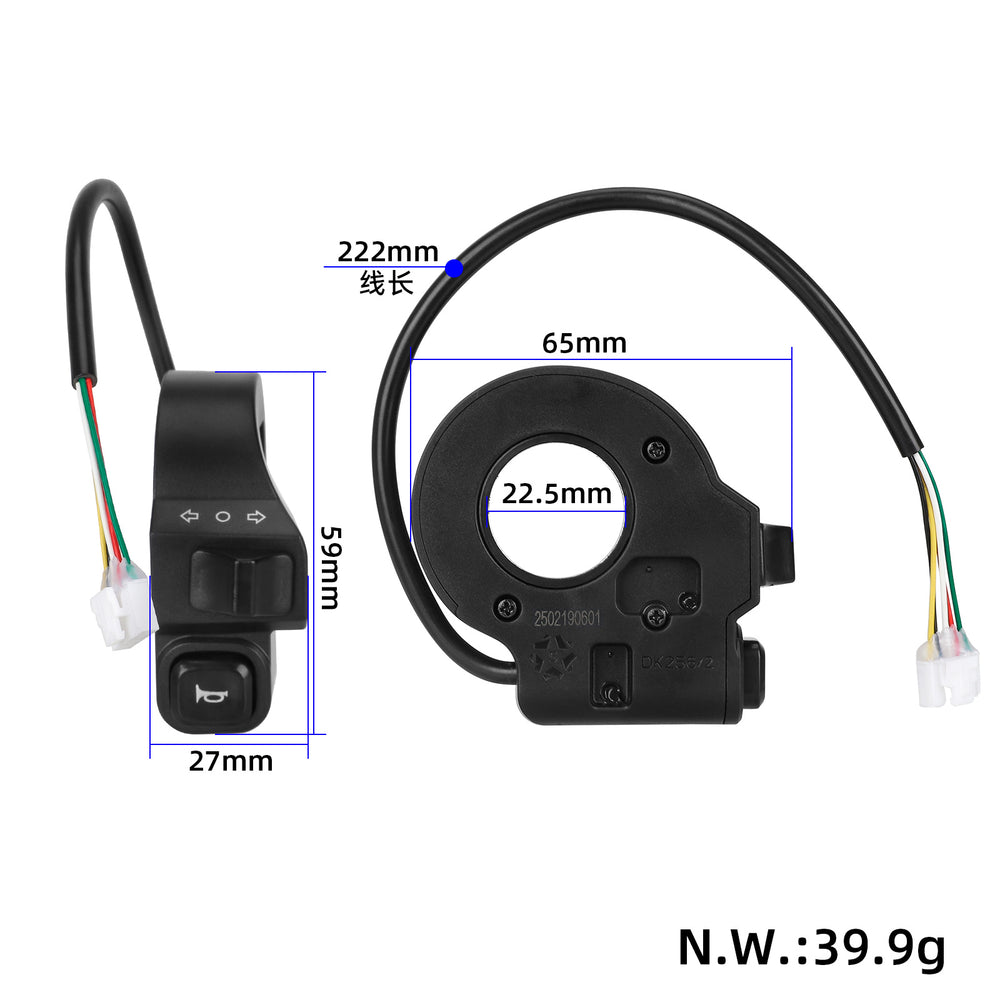Kukirin scooter horn turn signal switch dimensions cable length and handlebar size diagram