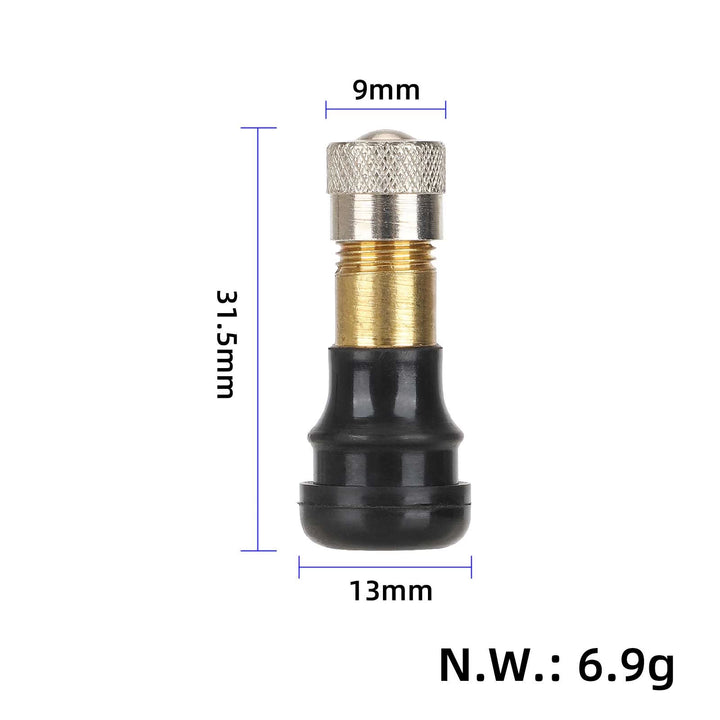 Dimensions of the extra-long straight valve with a length of 31.5mm, 9mm brass valve diameter and 13mm (max) rubber stopper