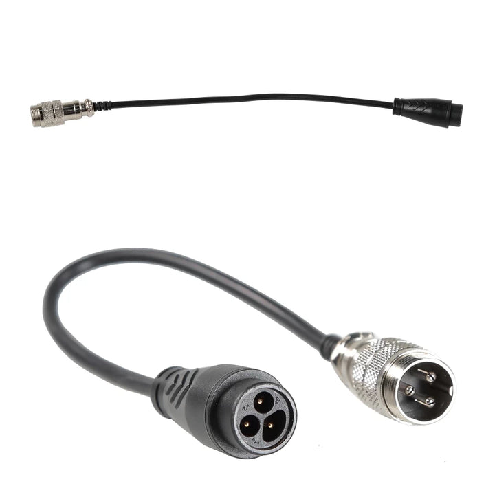 close up of GX16 and M20 charging connectors on electric scooter adapter cable