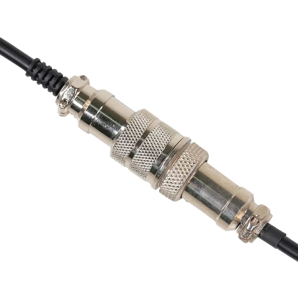 Close-up of the adapter and charger GX16 connectors joined with their threaded locking collars