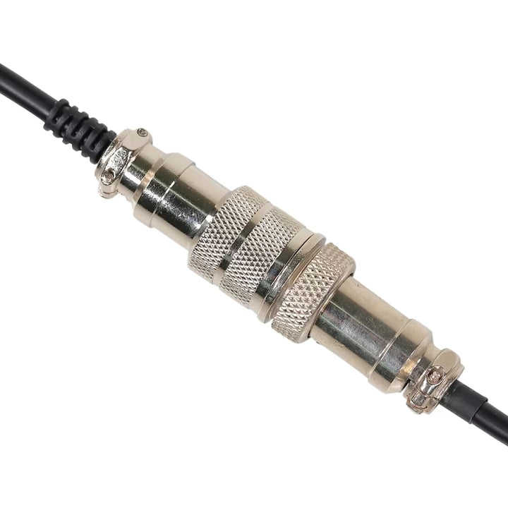 Close-up of the adapter and charger GX16 connectors joined with their threaded locking collars