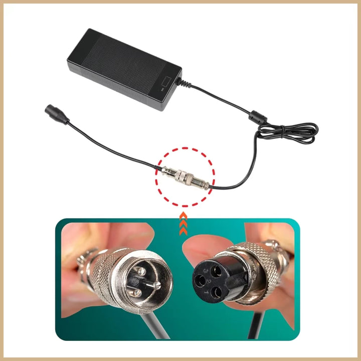 Demonstration of the adapter joining a GX16 scooter charger cable to an LT-M20 charging plug