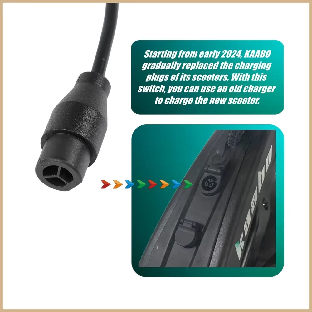 Kaabo LT-M20 charging plug shown beside the corresponding scooter charging port