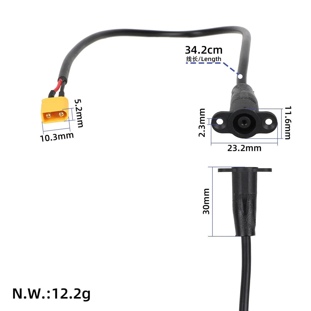Dimensions and specifications of OEM charging port for Kukirin G4 Max electric scooter showing cable and mounting measurements.