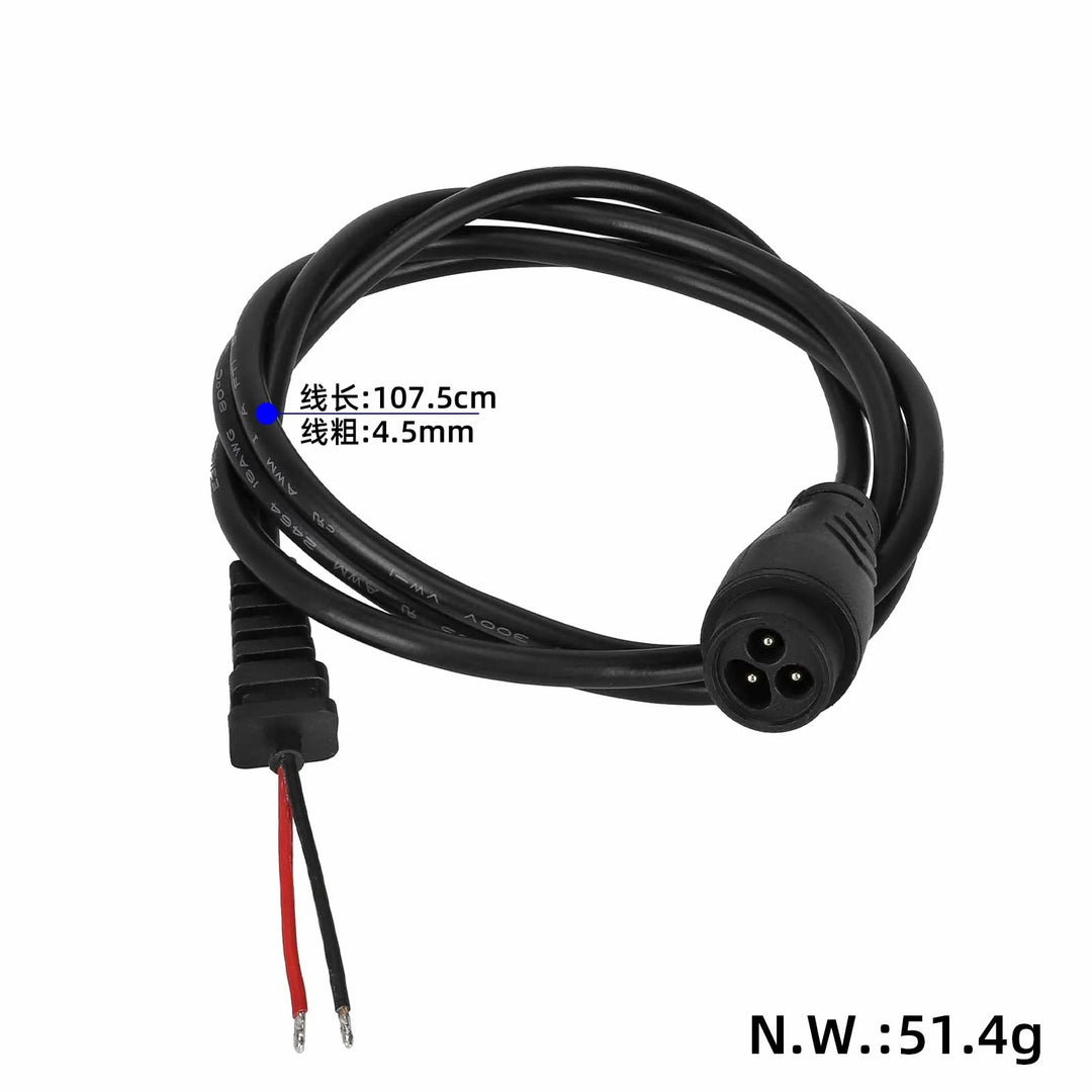 LP16-3P charging cable showing 4.5mm diameter cable, 107.5cm length and insulated 3-pin charging connector
