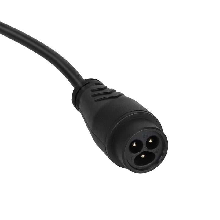 Close-up of LP16-3P insulated 3-pin charging connector for Dualtron electric scooter chargers.