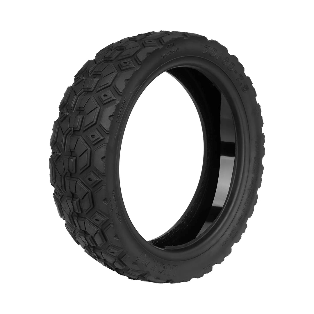 Angled view of Luck4U tyre showing 70/60-7.5 size marking, rotation arrow and tread pattern