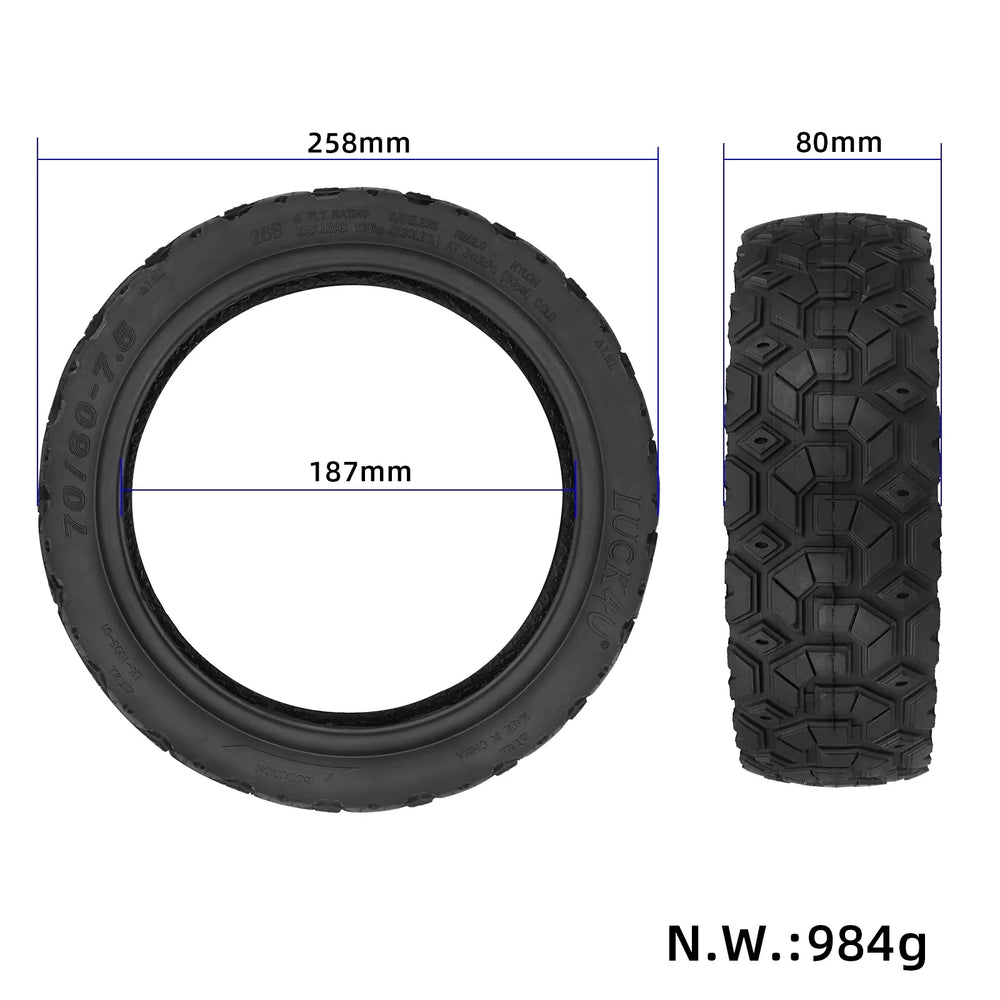 Luck4U tyre diagram showing 258 mm outside diameter, 187 mm inside diameter and 80 mm width
