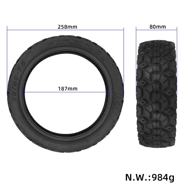 Luck4U tyre diagram showing 258 mm outside diameter, 187 mm inside diameter and 80 mm width