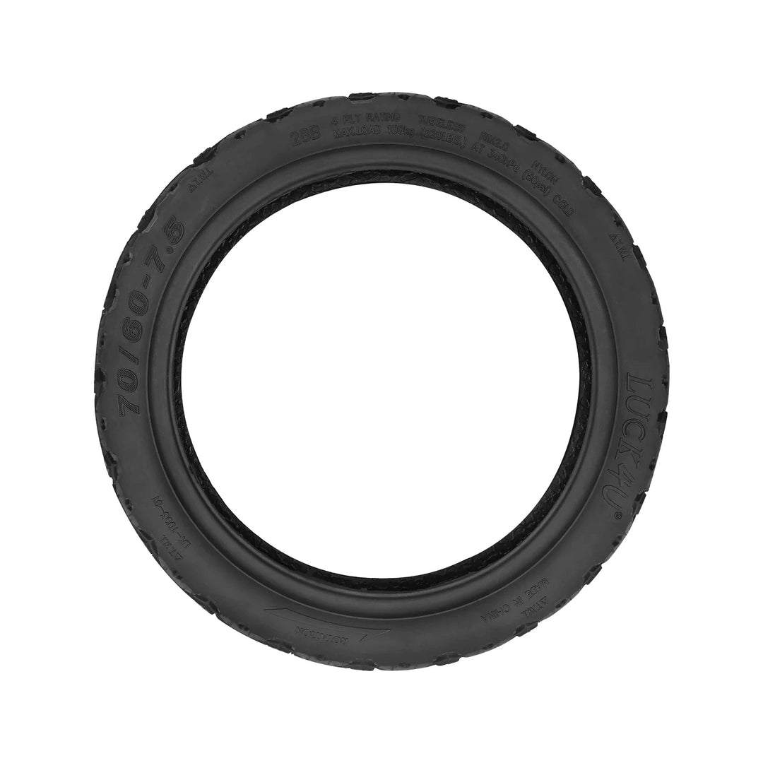 Luck4U tyre sidewall showing 70/60-7.5 size, tubeless marking, 4PR rating and rotation arrow