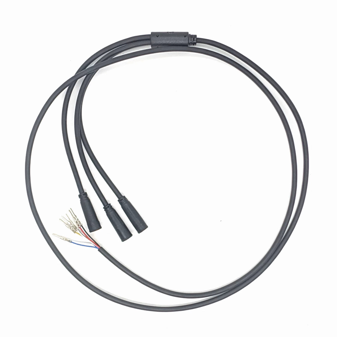 Top view of OEM 3-to-1 main connector cable showing six pre-crimped electrical terminals and waterproof Julet connectors for Bexly Blackhawk M10.