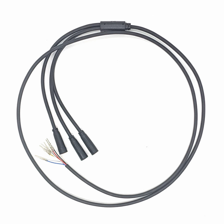 Top view of OEM 3-to-1 main connector cable showing six pre-crimped electrical terminals and waterproof Julet connectors for Bexly Blackhawk M10.